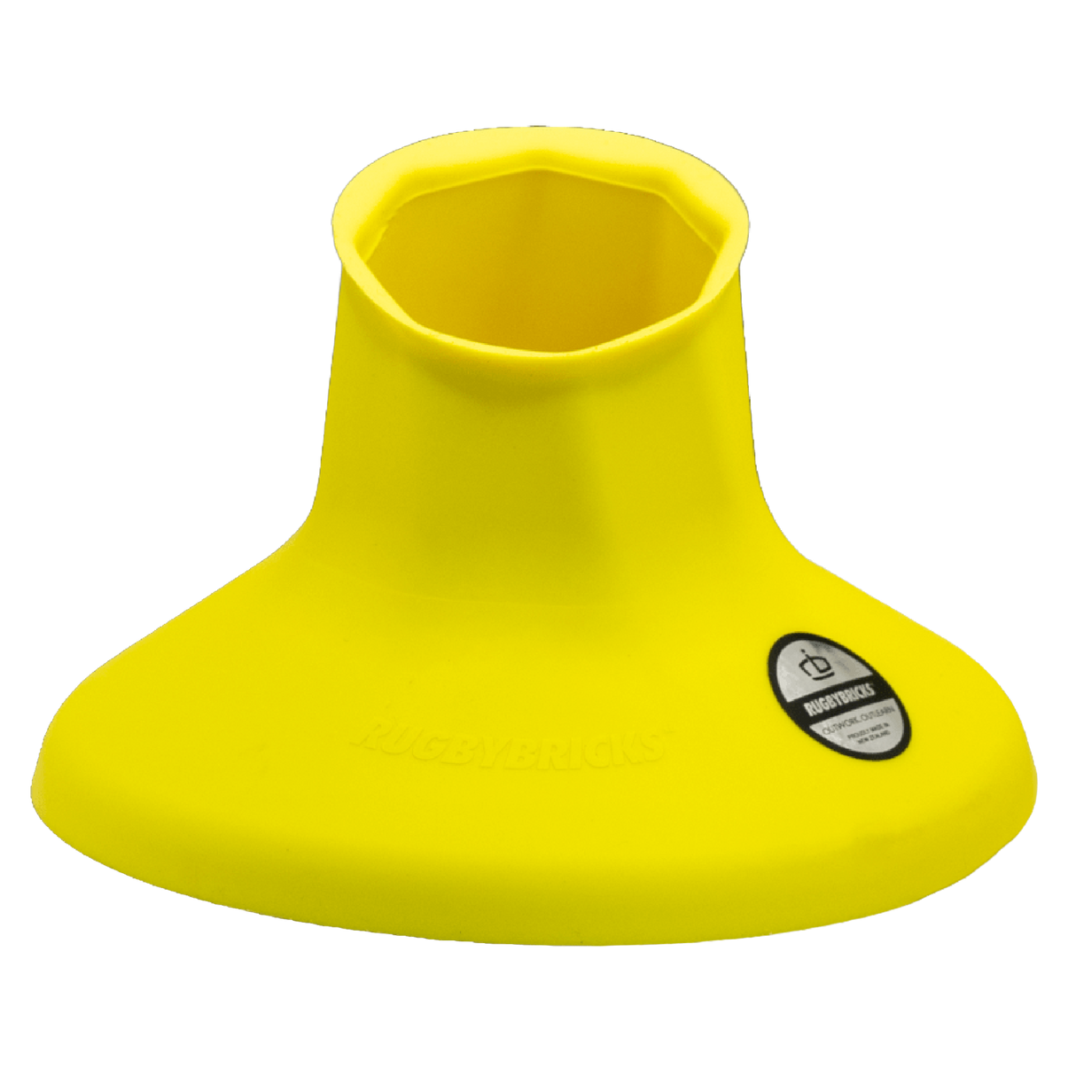 The Rugby Bricks Vortex Mid Cut Kicking Tee is a yellow, wide-based tee with a hexagonal top and black-and-white branding, designed for accurate kicks.