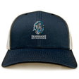 The Syracuse Silverbacks Retro Trucker Cap by EMB S&S Activewear features a navy/white design, an illustrated gorilla head with "Silverbacks Syracuse" on the front, is 65% polyester/35% cotton, and has a snapback closure.