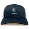 The Syracuse Silverbacks Retro Trucker Cap by EMB S&S Activewear features a navy/white design, an illustrated gorilla head with "Silverbacks Syracuse" on the front, is 65% polyester/35% cotton, and has a snapback closure.