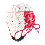 The Gilbert Air Headguard by Gilbert is a white and red lightweight scrum cap featuring geometric patterns, ventilation holes for airflow, a side lace for adjustment, and added shock absorption during play.