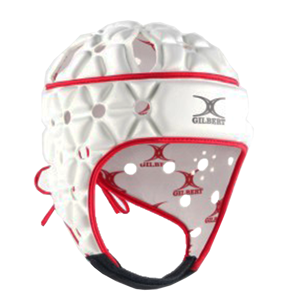 The Gilbert Air Headguard by Gilbert is a white and red lightweight scrum cap featuring protective padding, shock absorption, ventilation holes, and the Gilbert logo on both the forehead and inner lining.