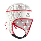 The Gilbert Air Headguard by Gilbert is a white and red lightweight scrum cap featuring protective padding, shock absorption, ventilation holes, and the Gilbert logo on both the forehead and inner lining.