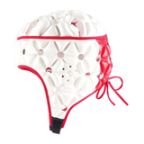 The Gilbert Air Headguard by Gilbert is a lightweight, white scrum cap with red trim, back tie, circular ventilation holes, and floral patterning that offers added shock absorption for enhanced safety.