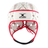 Front view of the Gilbert Air Headguard in white with red trim, featuring ventilation holes and "Gilbert" logo on the forehead; this lightweight headguard delivers comfort and protection.