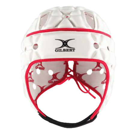 Front view of the white Gilbert Air headguard with red trim, Gilbert logo and black chin strap.