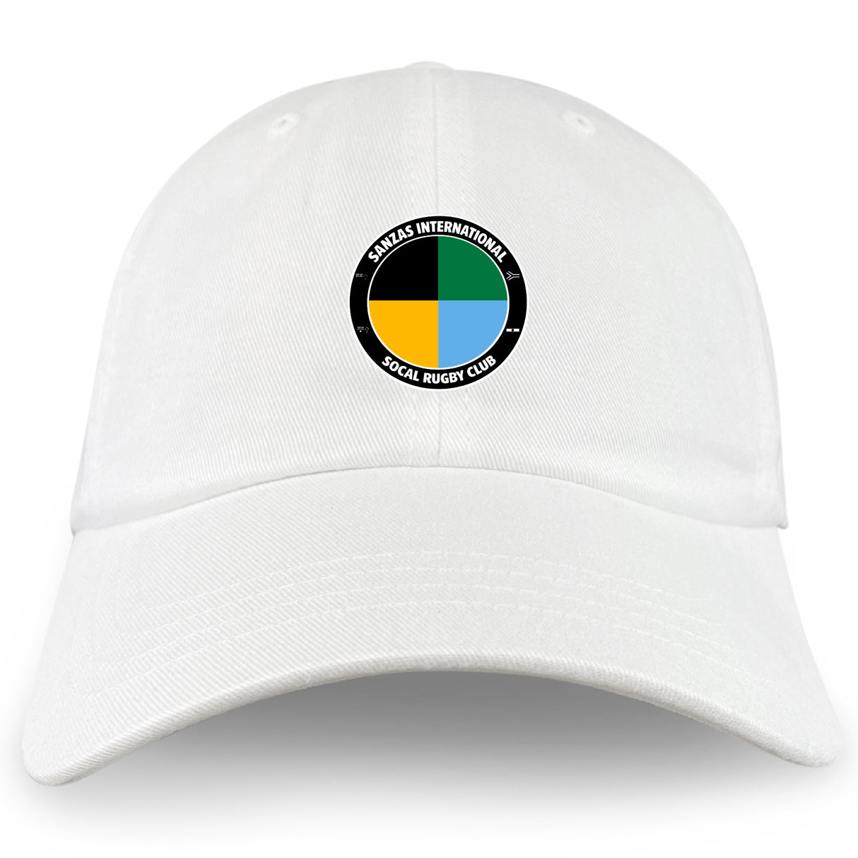 The EMB S&S Activewear SOCAL SANZAS RFC Adult Low-Profile Cotton Twill Dad Cap features embroidered team branding—a circular yellow, green, and black logo labeled "SANZAS INTERNATIONAL SOCAL RUGBY CLUB" on the front.