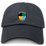 The SOCAL SANZAS RFC Adult Low-Profile Cotton Twill Dad Cap by EMB S&S Activewear is a black cap with a circular logo in yellow, black, teal, and tan sections and embroidered "Samuels International Social Rugby Club" branding.