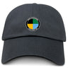 The SOCAL SANZAS RFC Adult Low-Profile Cotton Twill Dad Cap by EMB S&S Activewear is a black cap with a circular logo in yellow, black, teal, and tan sections and embroidered "Samuels International Social Rugby Club" branding.