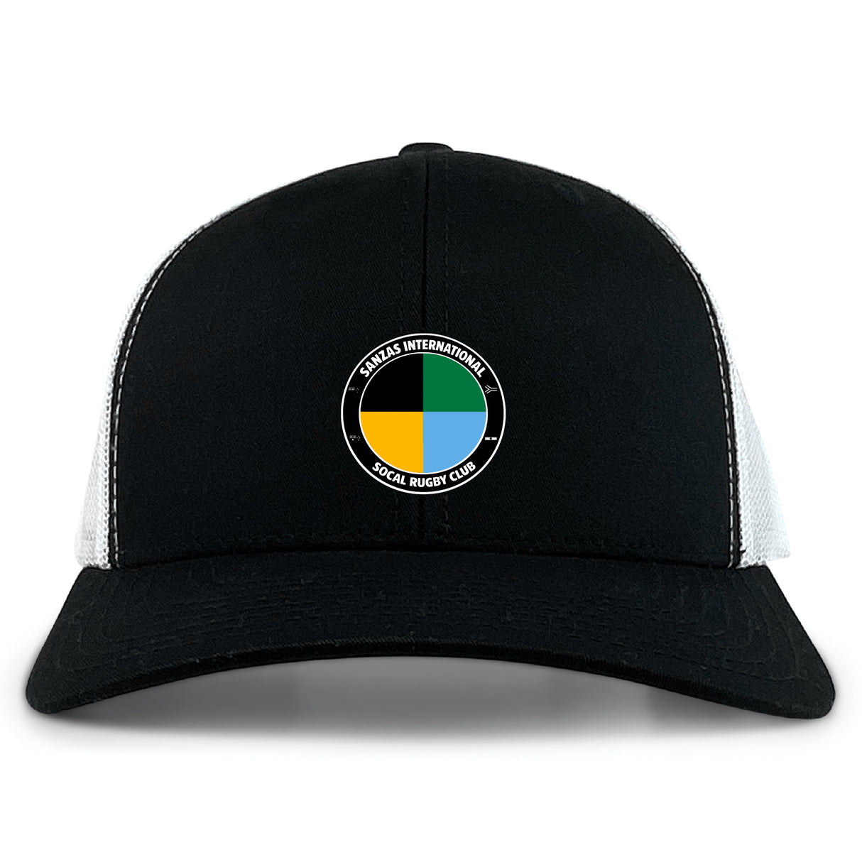 The SOCAL SANZAS RFC Retro Trucker Cap by EMB S&S Activewear is a black and white trucker hat with a circular patch featuring yellow, green, and black embroidery and "Sables International Social Rugby Club." Adjustable snapback closure.