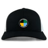 The SOCAL SANZAS RFC Retro Trucker Cap by EMB S&S Activewear is a black and white trucker hat with a circular patch featuring yellow, green, and black embroidery and "Sables International Social Rugby Club." Adjustable snapback closure.