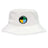 The SOCAL SANZAS RFC Crusher Bucket Cap by EMB S&S Activewear is a white cotton twill hat with a circular SoCal Rugby Club logo in black, yellow, green, and blue on the front, offering stylish sun protection.