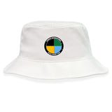 The SOCAL SANZAS RFC Crusher Bucket Cap by EMB S&S Activewear is a white cotton twill hat with a circular SoCal Rugby Club logo in black, yellow, green, and blue on the front, offering stylish sun protection.