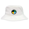 The SOCAL SANZAS RFC Crusher Bucket Cap by EMB S&S Activewear is a white cotton twill hat with a circular SoCal Rugby Club logo in black, yellow, green, and blue on the front, offering stylish sun protection.