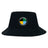 The SOCAL SANZAS RFC Crusher Bucket Cap by EMB S&S Activewear is a cotton twill hat featuring a circular patch with "Skills International Social Rugby Club" text and a segmented yellow, blue, and black design for sun protection.