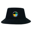 The SOCAL SANZAS RFC Crusher Bucket Cap by EMB S&S Activewear is a cotton twill hat featuring a circular patch with "Skills International Social Rugby Club" text and a segmented yellow, blue, and black design for sun protection.