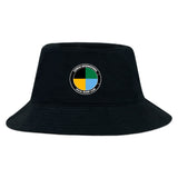 The SOCAL SANZAS RFC Crusher Bucket Cap by EMB S&S Activewear is a cotton twill hat featuring a circular patch with "Skills International Social Rugby Club" text and a segmented yellow, blue, and black design for sun protection.