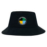 The SOCAL SANZAS RFC Crusher Bucket Cap by EMB S&S Activewear is a cotton twill hat featuring a circular patch with "Skills International Social Rugby Club" text and a segmented yellow, blue, and black design for sun protection.
