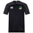 The SOCAL SANZAS RFC Vapodri Evader Jersey by EMB Canterbury is a black, short-sleeve rugby jersey featuring the Canterbury logo on the right chest, a circular multicolor crest on the left, and moisture-wicking Vapodri technology for comfort.