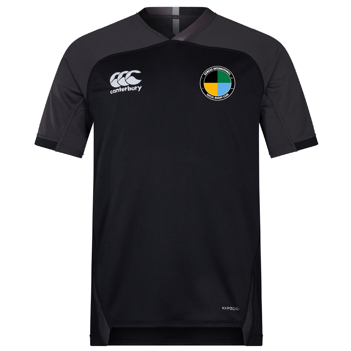 The SOCAL SANZAS RFC Vapodri Evader Jersey by EMB Canterbury is a black, short-sleeve rugby jersey featuring the Canterbury logo on the right chest, a circular multicolor crest on the left, and moisture-wicking Vapodri technology for comfort.