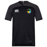 The SOCAL SANZAS RFC Vapodri Evader Jersey by EMB Canterbury is a black, short-sleeve rugby jersey featuring the Canterbury logo on the right chest, a circular multicolor crest on the left, and moisture-wicking Vapodri technology for comfort.