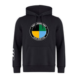 The SOCAL SANZAS RFC Club Hoodie by WRS Canterbury is a black rugby hoodie with a multicolor circular "Saints International Socal Rugby Club" chest logo and a white design on the left sleeve.