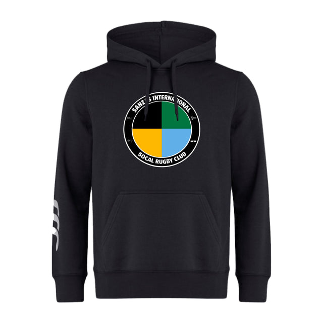 The SOCAL SANZAS RFC Club Hoodie by WRS Canterbury is a black rugby hoodie with a multicolor circular "Saints International Socal Rugby Club" chest logo and a white design on the left sleeve.