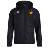 The SOCAL SANZAS RFC Club Vaposhield Full Zip Rain Jacket by EMB Canterbury features a black hood, front zipper, water-resistant VapoShield tech, white Canterbury logo on the right chest, and a circular multicolored emblem on the left.