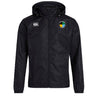 The SOCAL SANZAS RFC Club Vaposhield Full Zip Rain Jacket by EMB Canterbury features a black hood, front zipper, water-resistant VapoShield tech, white Canterbury logo on the right chest, and a circular multicolored emblem on the left.