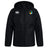 The SOCAL SANZAS RFC Club Vaposhield Stadium Jacket by EMB Canterbury is a black, water-repellent, hooded jacket with zip front, padded insulation, white Canterbury logo on the chest, and round multicolored club emblem—ideal for rugby fans.