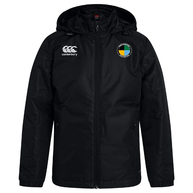 The SOCAL SANZAS RFC Club Vaposhield Stadium Jacket by EMB Canterbury is a black, water-repellent, hooded jacket with zip front, padded insulation, white Canterbury logo on the chest, and round multicolored club emblem—ideal for rugby fans.