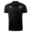The SOCAL SANZAS RFC Club Dry Polo by EMB Canterbury is a black, short-sleeve collared shirt with white Canterbury logos and a blue, yellow, and green circular patch on the left chest. Features Vapodri Technology for breathable comfort.