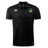 The SOCAL SANZAS RFC Club Dry Polo by EMB Canterbury is a black, short-sleeve collared shirt with white Canterbury logos and a blue, yellow, and green circular patch on the left chest. Features Vapodri Technology for breathable comfort.