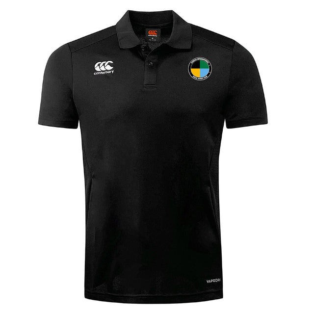 The SOCAL SANZAS RFC Club Dry Polo by EMB Canterbury is a black, short-sleeve collared shirt with white Canterbury logos and a blue, yellow, and green circular patch on the left chest. Features Vapodri Technology for breathable comfort.