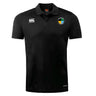The SOCAL SANZAS RFC Club Dry Polo by EMB Canterbury is a black, short-sleeve collared shirt with white Canterbury logos and a blue, yellow, and green circular patch on the left chest. Features Vapodri Technology for breathable comfort.