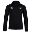 The SOCAL SANZAS RFC Club 1/4 Zip Mid Layer Training Top by EMB Canterbury is a black long-sleeve rugby top with a Canterbury logo on the right chest and a circular multicolored badge on the left.
