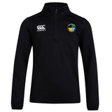 The SOCAL SANZAS RFC Club 1/4 Zip Mid Layer Training Top by EMB Canterbury is a black long-sleeve rugby top with a Canterbury logo on the right chest and a circular multicolored badge on the left.