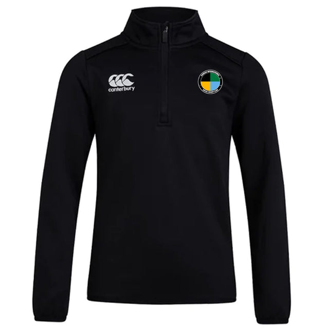 The SOCAL SANZAS RFC Club 1/4 Zip Mid Layer Training Top by EMB Canterbury is a black long-sleeve rugby top with a Canterbury logo on the right chest and a circular multicolored badge on the left.