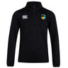 The SOCAL SANZAS RFC Club 1/4 Zip Mid Layer Training Top by EMB Canterbury is a black long-sleeve rugby top with a Canterbury logo on the right chest and a circular multicolored badge on the left.