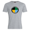 The SOCAL SANZAS RFC Club Plain Tee by WRS Canterbury is a gray premium cotton-blend T-shirt with a circular four-color logo and "Santa's International SoCal Rugby Club" text around the edge, ensuring comfort and style.