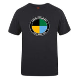 The SOCAL SANZAS RFC Club Plain Tee by WRS Canterbury is a black premium cotton blend t-shirt with a circular four-color "Sanitas International SoCal Rugby Club" logo, offering comfort and club pride in a customizable CCC classic.