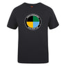 The SOCAL SANZAS RFC Club Plain Tee by WRS Canterbury is a black premium cotton blend t-shirt with a circular four-color "Sanitas International SoCal Rugby Club" logo, offering comfort and club pride in a customizable CCC classic.
