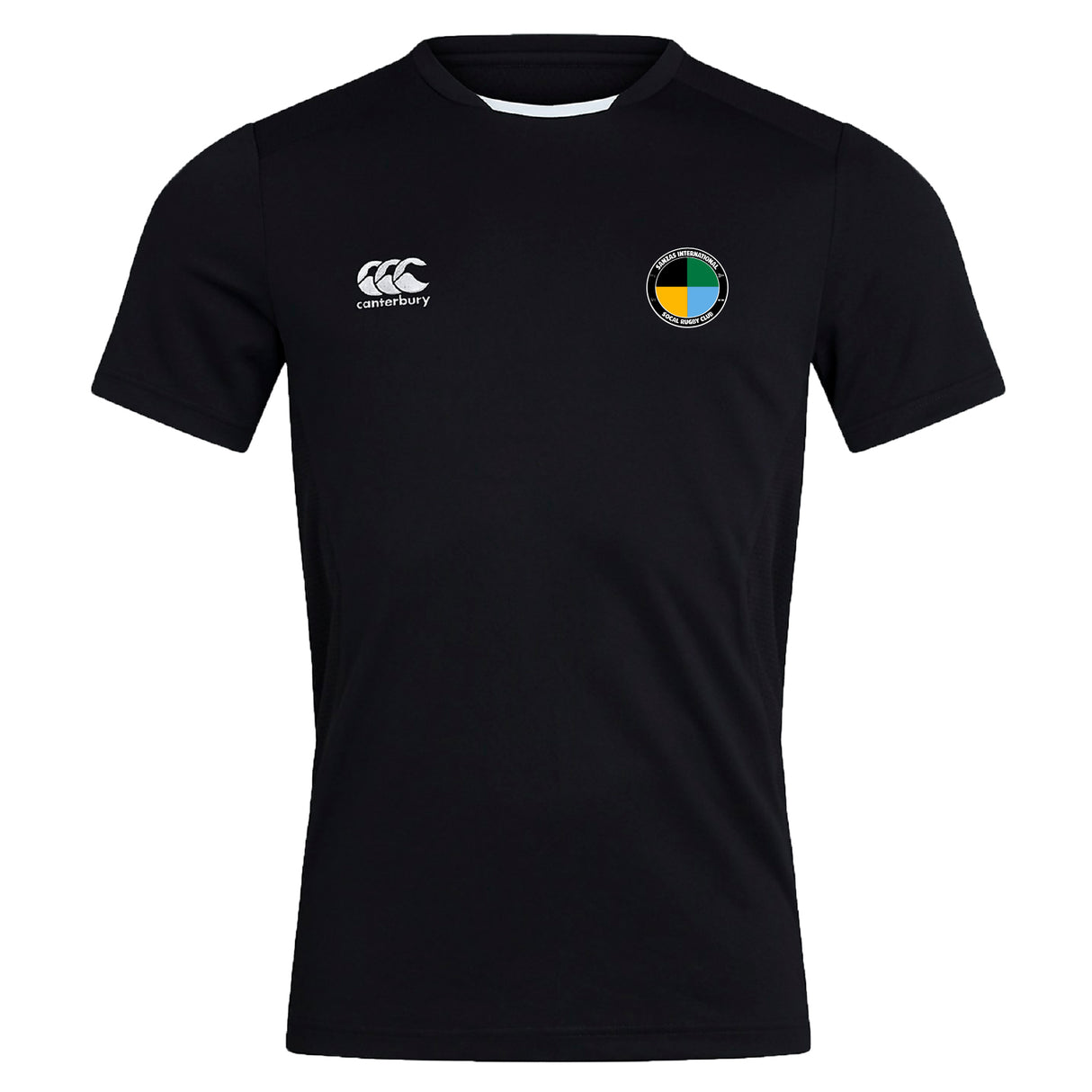The EMB Canterbury SOCAL SANZAS RFC Club Dry Tee is a black short-sleeve top with a white Canterbury logo on the right chest, a multicolored circular emblem on the left, and Vapodri Technology for superior comfort during workouts.