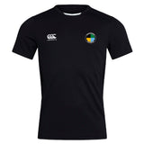 The EMB Canterbury SOCAL SANZAS RFC Club Dry Tee is a black short-sleeve top with a white Canterbury logo on the right chest, a multicolored circular emblem on the left, and Vapodri Technology for superior comfort during workouts.