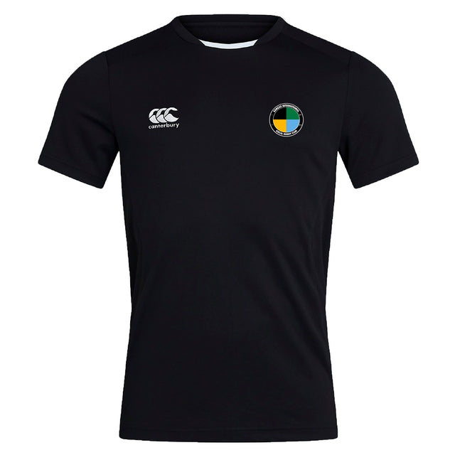 The EMB Canterbury SOCAL SANZAS RFC Club Dry Tee is a black short-sleeve top with a white Canterbury logo on the right chest, a multicolored circular emblem on the left, and Vapodri Technology for superior comfort during workouts.