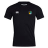The EMB Canterbury SOCAL SANZAS RFC Club Dry Tee is a black short-sleeve top with a white Canterbury logo on the right chest, a multicolored circular emblem on the left, and Vapodri Technology for superior comfort during workouts.