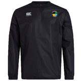 The SOCAL SANZAS RFC Club Vaposhield Contact Top by EMB Canterbury is a black long-sleeve rugby top with the Canterbury logo on the right chest, a green and yellow crest on the left, and water-repellent Vaposhield tech.