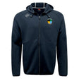 The SOCAL SANZAS RFC Tempo Vapodri Full-Zip Hoodie by EMB Canterbury is a black hoodie with a hood, drawstrings, and two logos. Its moisture-wicking fabric ensures all-day comfort.