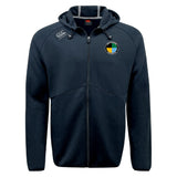 The SOCAL SANZAS RFC Tempo Vapodri Full-Zip Hoodie by EMB Canterbury is a black hoodie with a hood, drawstrings, and two logos. Its moisture-wicking fabric ensures all-day comfort.