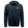 The SOCAL SANZAS RFC Tempo Vapodri Full-Zip Hoodie by EMB Canterbury is a black hoodie with a hood, drawstrings, and two logos. Its moisture-wicking fabric ensures all-day comfort.