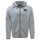 The SOCAL SANZAS RFC Tempo Vapodri Full-Zip Hoodie by EMB Canterbury is a light gray hoodie featuring a hood, drawstrings, and two embroidered chest logos. Its Vapodri fabric keeps you dry and comfortable all day.